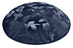 Navy Blind Embossed Flowers Kippah without Trim
