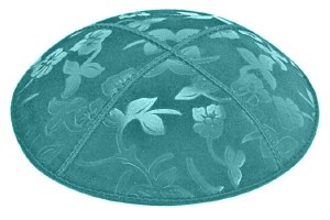 Teal Blind Embossed Flowers Kippah without Trim