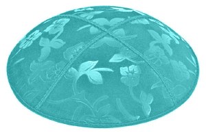 Turquoise Blind Embossed Flowers Kippah without Trim
