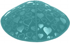 Teal Blind Embossed Hearts Kippah without trim