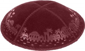 Burgundy Blind Embossed Jerusalem Border Kippah without Trim