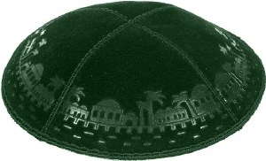 Green Blind Embossed Jerusalem Border Kippah without Trim