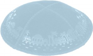 Light Blue Blind Embossed Jerusalem Border Kippah without Trim