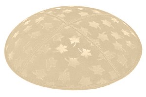 Beige Blind Embossed Leaves Kippah with Burgundy and Silver Trim