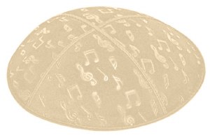 Beige Blind Embossed Musical Notes Kippah with White and Silver Trim