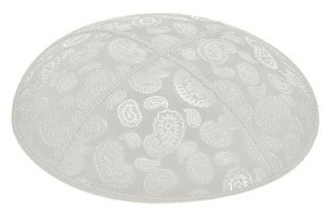 Light Grey Blind Embossed Paisley Kippah with Trim