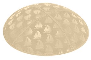 Beige Blind Embossed Sailboats Kippah with Burgundy and Silver Trim