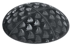 Black Blind Embossed Sailboats Kippah with Navy and Silver Trim