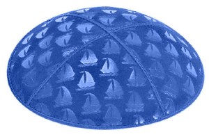Royal Blind Embossed Sailboats Kippah with Light Blue and White Trim