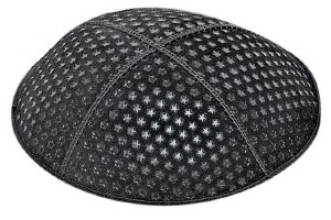 Black Blind Embossed Small Stars Kippah with Light Blue and White Trim