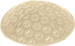 Beige Blind Embossed Smiley Kippah with Black and White Trim