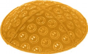 Gold Blind Embossed Smiley Kippah with Black and Gold Trim
