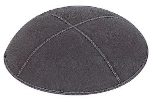 Dark Grey Suede Kippah with Grey and White Trim