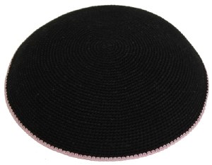 Black with Pink Border Fine Knitted Kippah Serugah 17cm