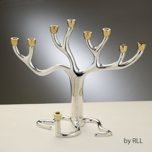 "Tree of Life" Candle Menorah Large Silver Plated with Gold-Tone Cups