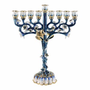 Candle Menorah Bejeweled Turquoise with Sapphire Gemstones and Twisted Stem Design 8.8&quot;