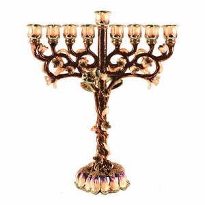 Candle Menorah Bejeweled Brown with Amber Gemstones and Twisted Stem Design 8.8"