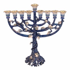 Candle Menorah Bejeweled Sapphire Blue with Ivory Flowers 9.6&quot;