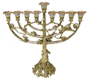 Candle Menorah Bejeweled Gold with Green Flowers 9.6"