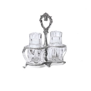 Crystal Salt and Pepper Shakers Set in Silver Plated Holder