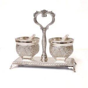 Salt and Pepper Dish Silver Plated Filigree Design with Holder