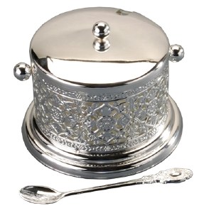 Decorative Dish Silver Plated with Smooth Cover Glass Insert and Spoon
