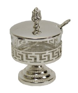 Decorative Dish on Stem Silver Plated with Glass Insert and Spoon