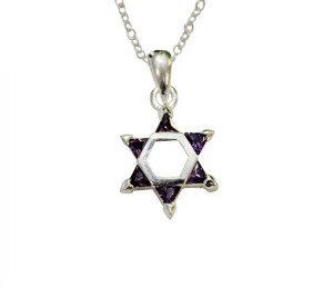 Silver Star of David with Purple Color Stones Necklace #MJB40PUCC
