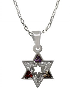Silver Necklace Star Of David With Multicolor Stones