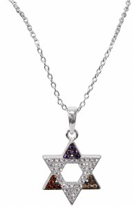 Silver Star Of David Necklace With Multi Color Stones #MJB5070