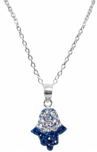 Silver Chamsa Necklace Accentuated with Blue and Silver Stones