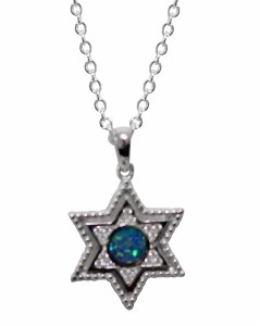 Silver Star of David Necklace With Opal and Micro CZ Stones #MJB6684