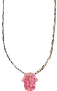 Large Opal Pink Hamsa With Silver  Necklace #MJJHAPK-L
