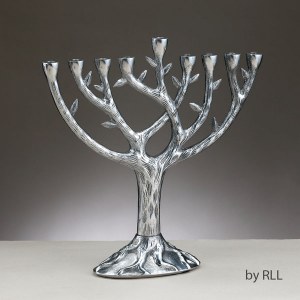 Aluminum Candle Menorah Textured Tree of Life Design 10.75"