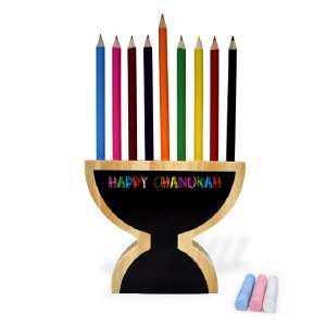 Wooden Pencil Holder Menorah Shape with Colored Pencils and Chalk