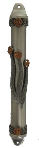 Mezuzah Case Pewter Shin Design with Gold Rhinestones 12cm