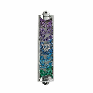 Enamel Mezuzah Multicolor Gradient Filigree Design 4"