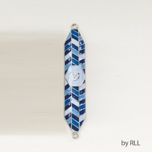 Enamel Mezuzah Blue with Geometric Designs 4"