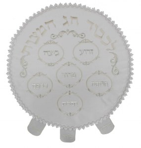 Round Satin Matzah Cover Embroidered Kaarah Design White 19&quot;