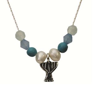 Silver Menora Necklace With Pearl, Ocean And Turquoise #NDN2773-313