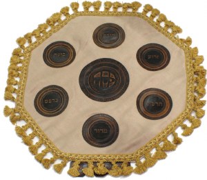 Matzah Cover Brown Leather Octagon Shape with Seder Simanim Design
