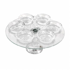 Seder Plate Crystal Designed with Silver Swirls and 6 Elevated Bowls