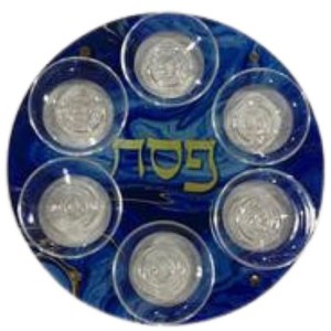 Glass Seder Plate Raised on Legs Blue Marble Design 13"