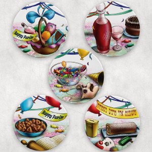 Mishloach Manos Coasters Illustrated Purim Design Snippets 5 Piece Set