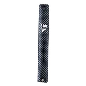 Plastic Mezuzah Case Black and Gray Checkered Design with Silver Shin 10cm