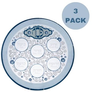 Round Glass Seder Plate Elegant Design Blue 12" 3 Pack