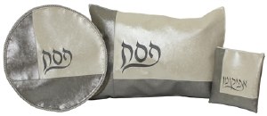 Pesach Covers Set Vinyl 3 Piece Ivory and Stroked Silver Corner Design