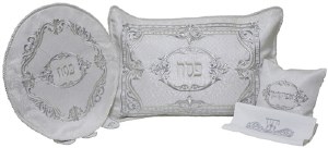Pesach 4 Piece Seder Set with Plastic Brocade White and Silver Swirl Design Accentuated with Stones
