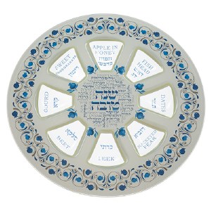 Glass Simanim Plate for Rosh Hashana Pomegranate Design Blue 13.8"