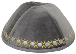 Kippah Grey Velvet with Gold and Silver Embroidered Trim